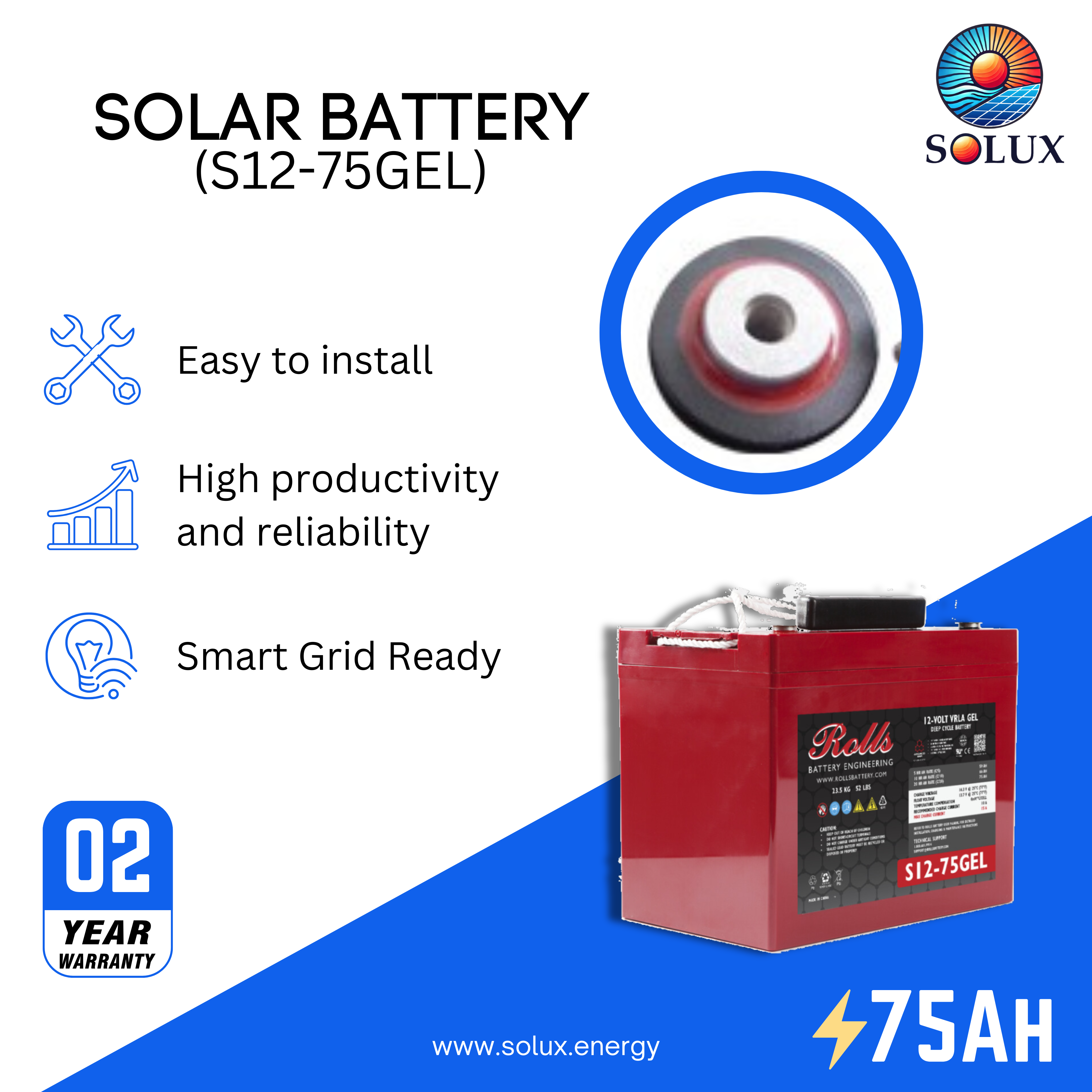 The rolls surrette s12-75gel battery is a reliable and compact deep cycle gel battery, ideal for smaller solar power systems, wheelchairs, and mobility scooters.